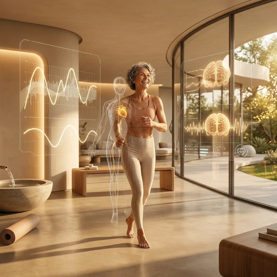 Member moving through a sunlit studio with live heart and nervous-system tracking